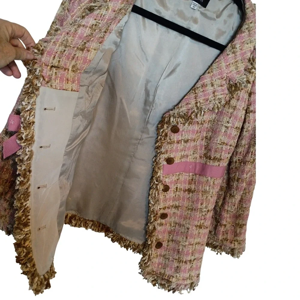 JÔN Pink Tweed Skirt Suit Set Jacket 10 Skirt 6 Fringe Trim‎ Bow